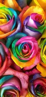 Mobile wallpaper featuring vibrant rainbow roses with colorful petals.