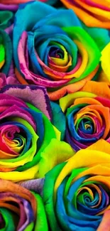 Colorful rainbow roses creating a vibrant floral wallpaper.