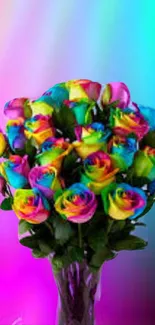 Vibrant bouquet of rainbow roses with a colorful gradient background.