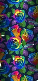 Bright rainbow roses pattern on dark background for mobile wallpaper.