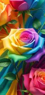 Vibrant roses in rainbow hues with lush green leaves