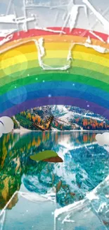 Vibrant rainbow landscape with a butterfly and lake reflection.