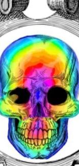 Colorful psychedelic skull with a rainbow theme on a mobile wallpaper.