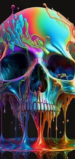 Vibrant rainbow skull on black background mobile wallpaper.