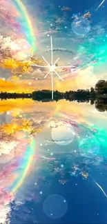 Vibrant sky with rainbow reflected on a calm lake.