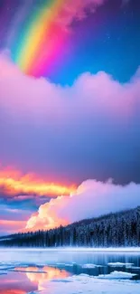 A vibrant rainbow over a winter landscape with purple skies.