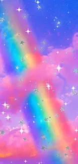 Dreamy wallpaper with rainbow and stars in a purple sky.