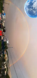 Rainbow arc and moon over city road at dusk.