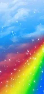 Colorful rainbow with stars in a blue sky wallpaper.