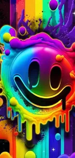 Vibrantly colored rainbow smiley face wallpaper dripping with colorful paint.