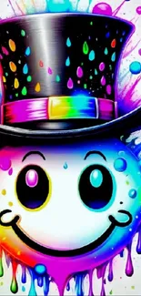 Colorful smiley with top hat on splattered background.
