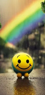 Smiley face ball with a rainbow background mobile wallpaper.