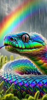 A vibrant rainbow-colored snake in nature with a vivid backdrop.