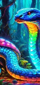 Vibrant rainbow-colored snake in mystical forest background.