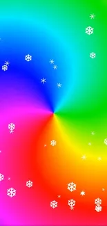 Vibrant rainbow gradient with snowflakes on mobile wallpaper.