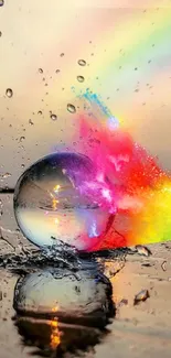 Crystal ball with colorful rainbow splash effect on reflective surface.