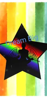 Vibrant rainbow star with colorful stripes and 'Dream Big' text on a phone wallpaper.