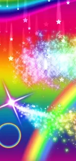 Vibrant rainbow background with sparkling stars.