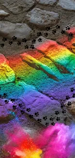 Rainbow path on stone texture with paw prints.