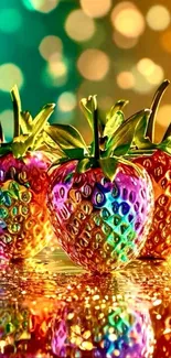 Rainbow strawberries with golden reflections in vibrant colors.