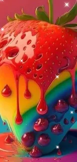 Vibrant rainbow-themed strawberry artwork on a phone wallpaper.