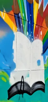 Colorful mural with rainbow bursting from an umbrella.