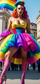 Vibrant woman in a rainbow dress, pride street fashion.