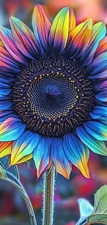 Multicolor rainbow sunflower artistic wallpaper with vibrant blue petals.