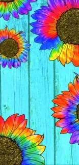 Vibrant sunflowers on turquoise wooden background.