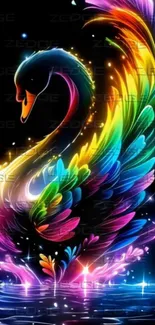 Vibrant neon rainbow swan artwork on black background.
