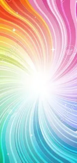 Vibrant rainbow swirl wallpaper with radiant light burst.