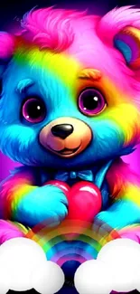 Vibrant rainbow-colored teddy bear with heart and rainbow theme.