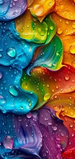 Vibrant rainbow texture with water droplets on a colorful abstract background.