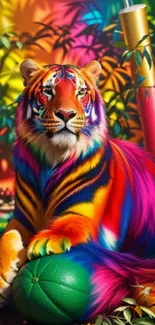 Vibrant rainbow tiger with colorful fur and jungle background.