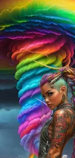 Colorful tornado art with tattooed character, vibrant and dynamic design.
