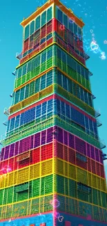 Colorful rainbow tower against a blue sky.