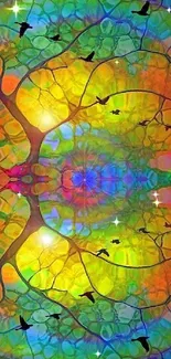 Vibrant rainbow tree silhouette with psychedelic colors.