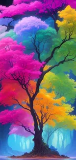 A vibrant digital artwork of a rainbow-colored tree in a whimsical fantasy scene.