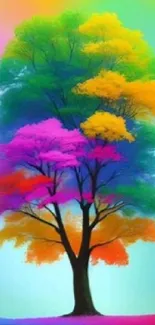 Colorful tree with vibrant rainbow hues on a soothing background.