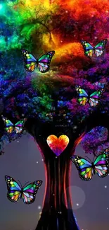 Colorful tree with rainbow and butterflies wallpaper.