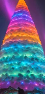 Rainbow-lit Christmas tree against dark sky.