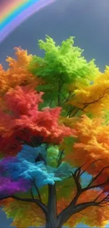 A vibrant tree with rainbow-colored leaves and a rainbow in the sky.