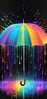 Colorful rainbow umbrella with drips on black background.