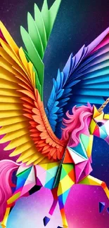 Colorful origami unicorn with rainbow wings on a starry background.