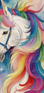 Colorful unicorn with rainbow mane on galaxy background.