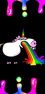 Cartoon unicorn vomiting rainbows on black background.