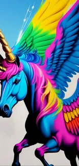 Vibrant unicorn with rainbow wings on a phone wallpaper.