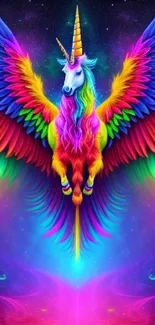 Vibrant rainbow unicorn with colorful wings.