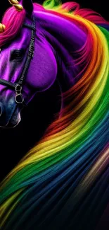 Colorful rainbow-haired unicorn on black background.