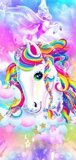 Rainbow unicorn with stars and clouds in pink sky wallpaper.